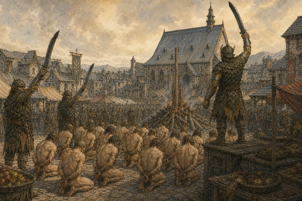 In Silverstead's market, twenty bound prisoners knelt naked beside a pyre while priests raised broad blades.