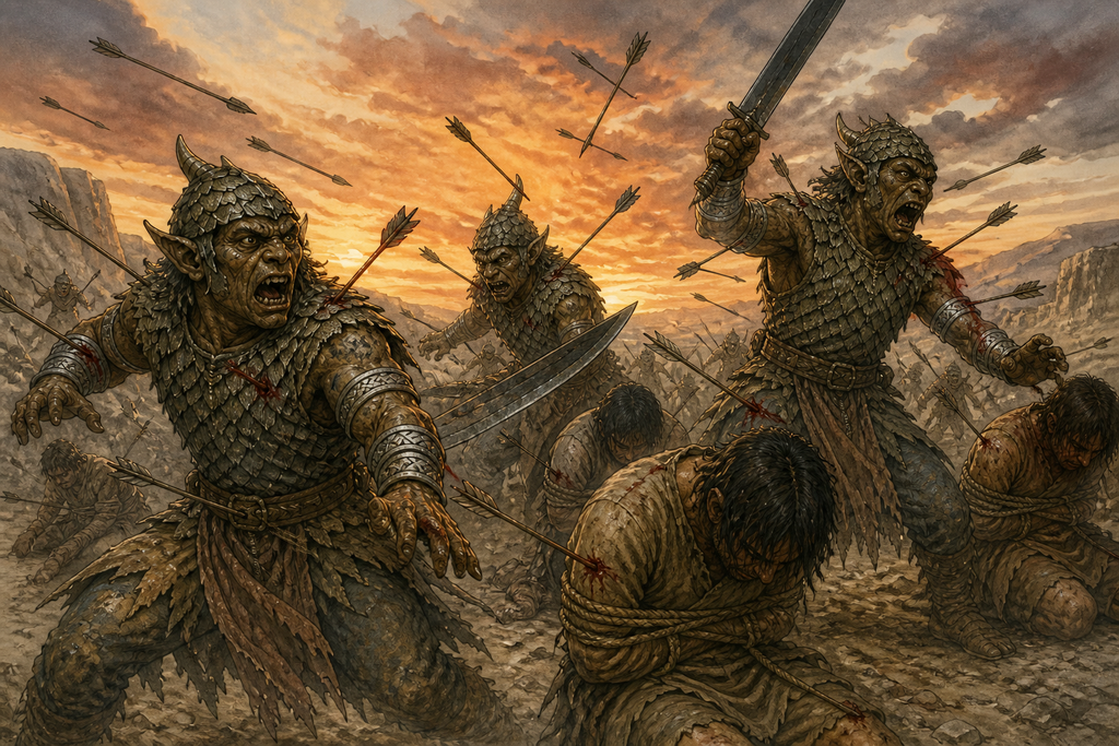 Arrows pinned sleeves, throats, and blade arms before steel touched a prisoner.