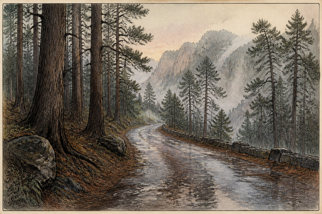 The wide road smelled of wet pine.