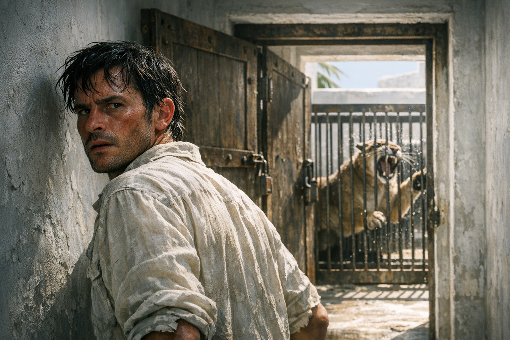 Inside the walled compound, doors locked behind him one by one, while the caged puma shook the air.