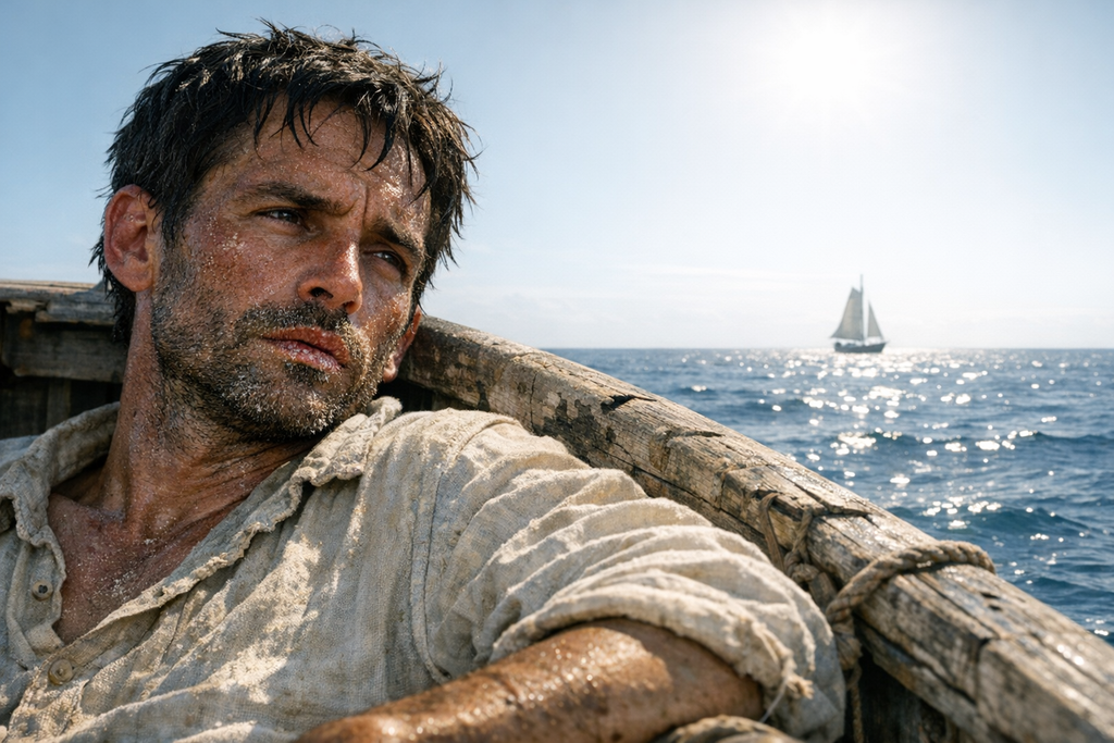 Prendick lay half dead in a dinghy, lips split by salt, while a distant sail climbed from the horizon.