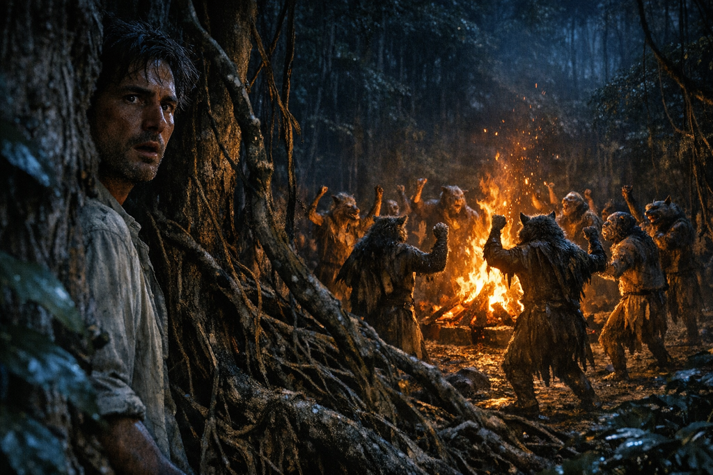 In the forest he found beast shaped people chanting rules like prayer, swaying around a fire and calling themselves men.
