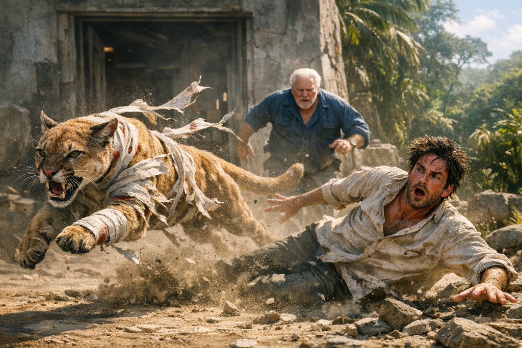 The puma burst from the laboratory, struck Prendick aside, and vanished into the jungle with Moreau running after it.