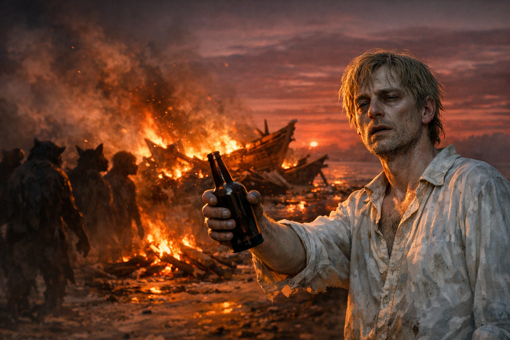 Montgomery stared at the body like a man whose last wall had fallen, then drank with the beast folk and burned the only boats.