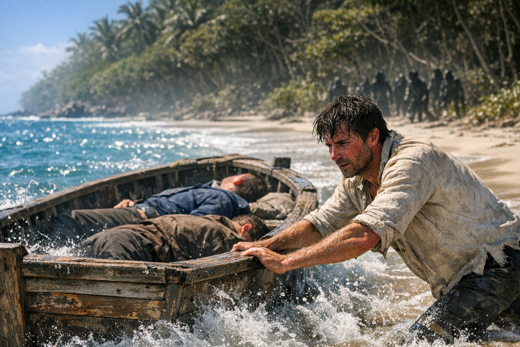He built one raft that collapsed, then found a drifting boat crewed only by corpses and pushed to sea before the pack reached him.