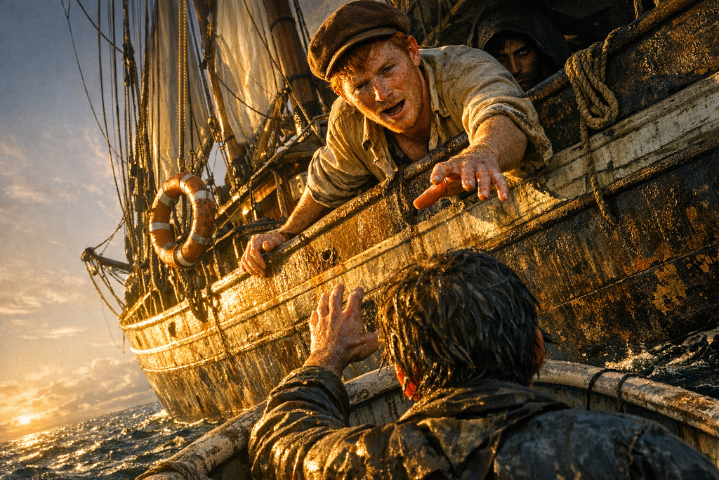 When the schooner finally reached him, a red haired face leaned over the rail, and strange dark eyes watched from behind it.