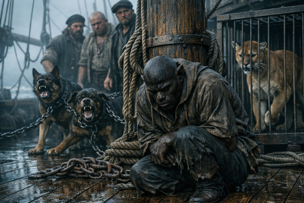 Dogs strained at the mast, a puma paced in iron, and a dark faced servant shrank from every sailor's stare.