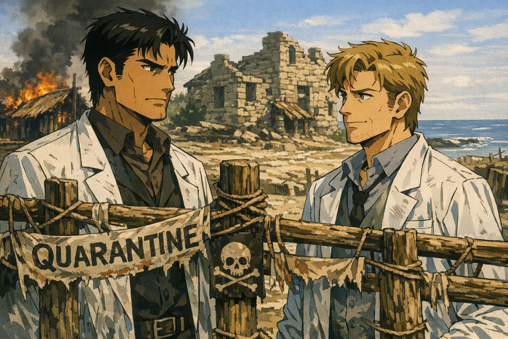 Two young doctors, Leopold and Furniss, burned infected huts, raised a quarantine fence, and carried the sick into a ruined stone house.