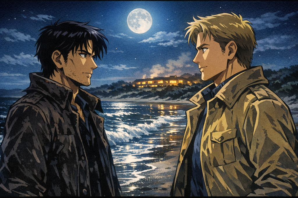 The roofs were far away again when the surf returned, and Robert faced Jack on the moonlit beach at Gippsland.