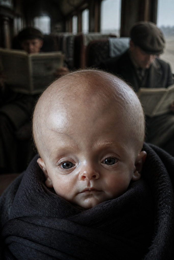 On a rattling train, the infant's calm stare pulled grown men from newspapers and held them rigid.
