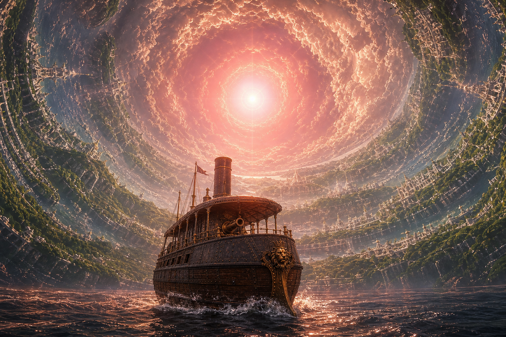 Atvatabar's rose-colored sun ignited, revealing oceans and green continents curved overhead.