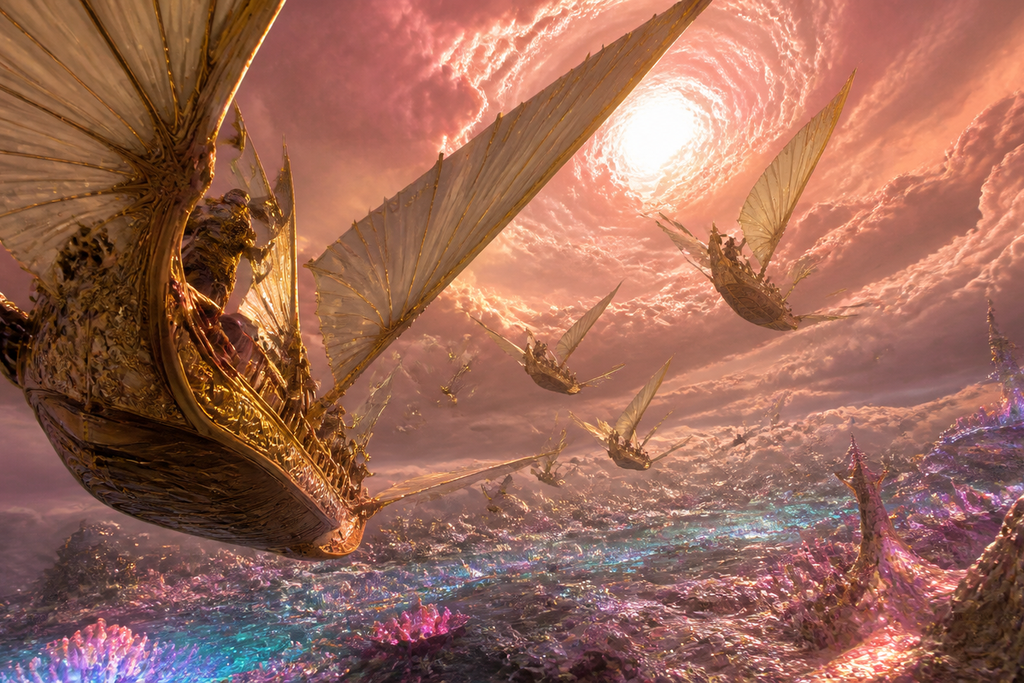 Winged skiffs dropped from the inner sky.