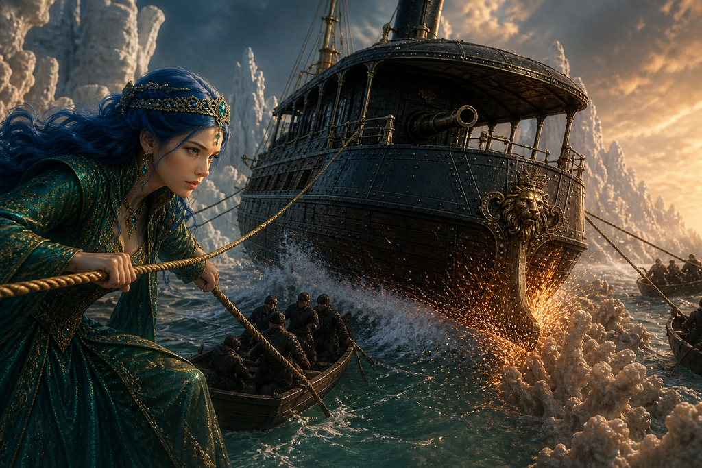 Her skiffs turned the Polar King aside as white coral scraped sparks from its hull.