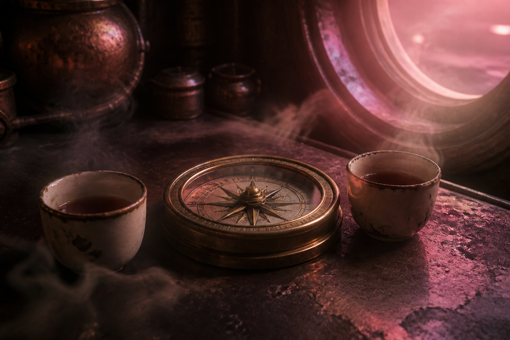 Below deck, the silent compass rested between two chipped cups of bitter tea.