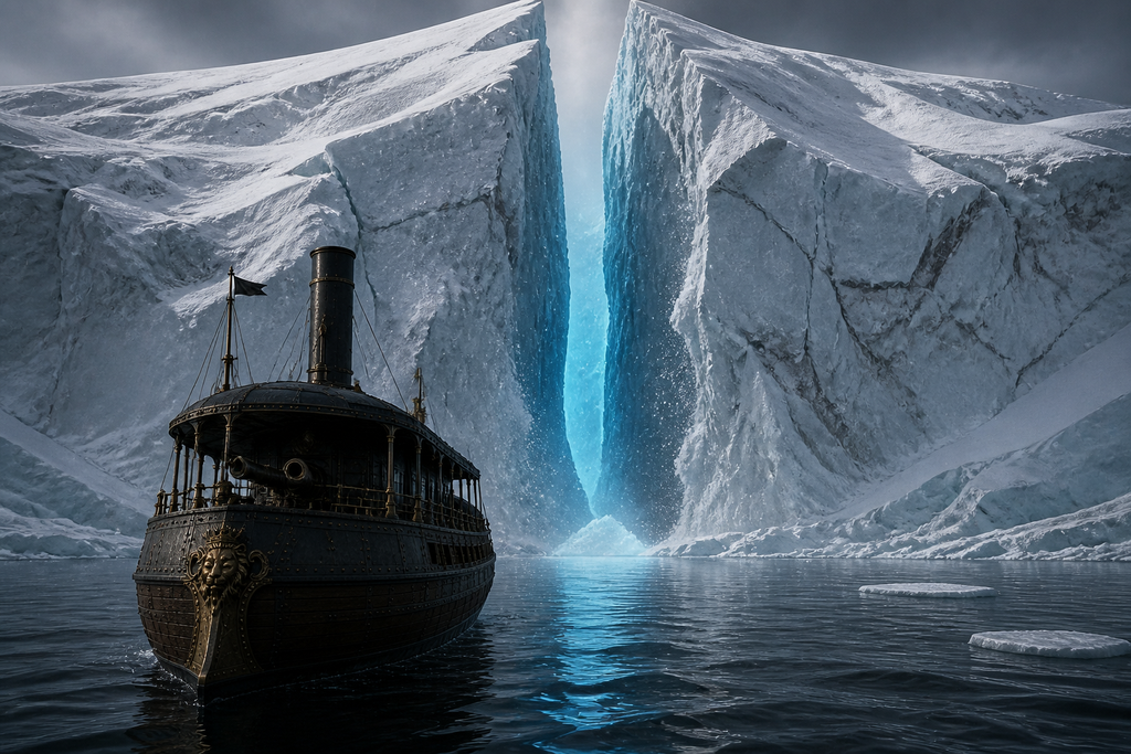 Ahead, an earthquake split the frozen mountains into a narrow blue gate.