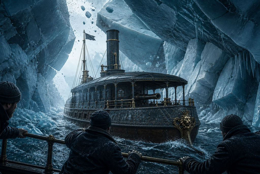The crew watched slabs fall, knowing the walls could close around the Polar King.