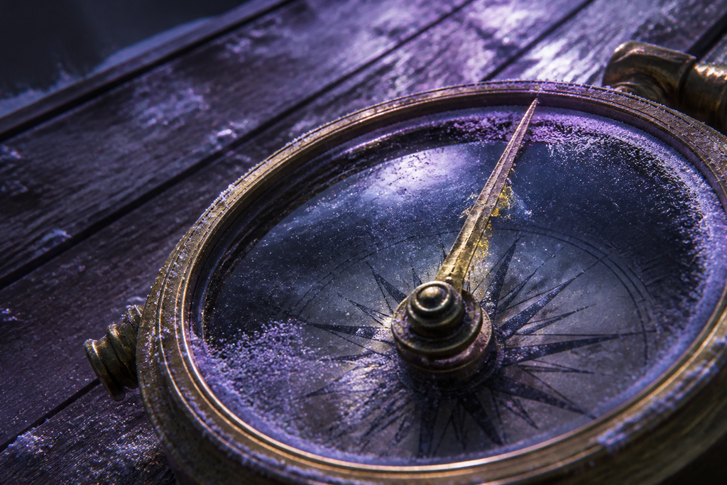 A brass compass needle climbed its glass.