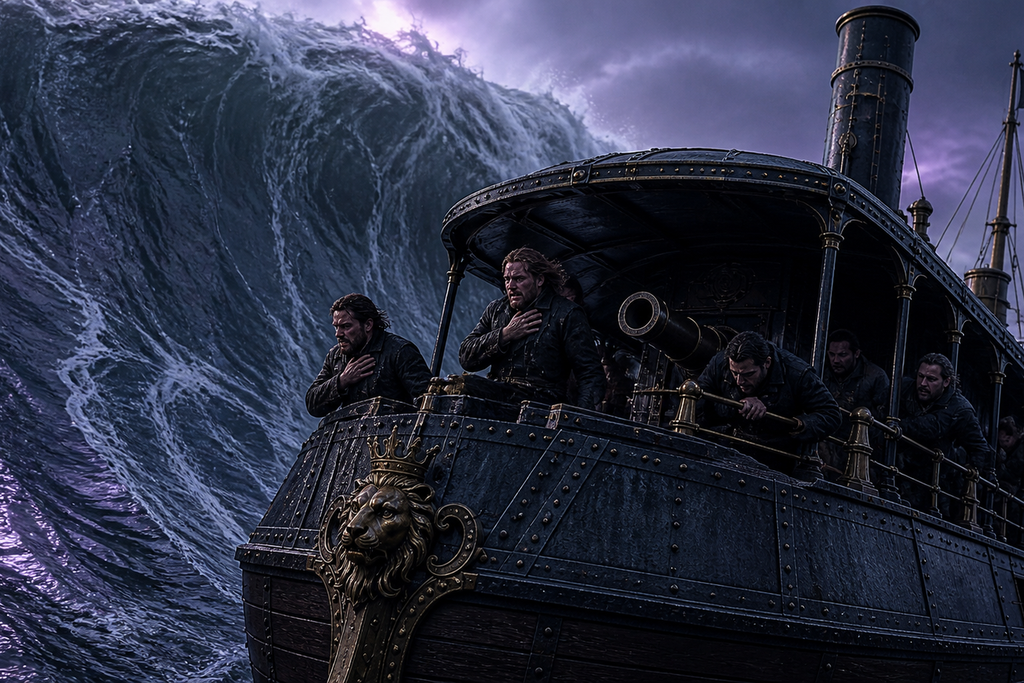 Sailors crossed themselves as the sea curved upward behind the stern.
