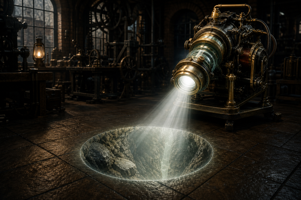 That listening darkness brightened when the Artesian Ray sent a colorless circle through the workshop floor.