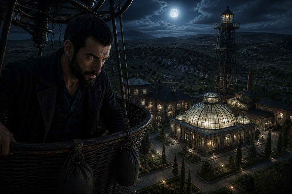 Above the roof, Rovinski watched through a fan-driven basket, his beard pressed flat by the spinning wind.