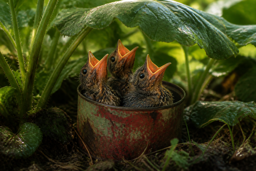 Under broad leaves, the weathered tomato can held three chicks with open beaks.