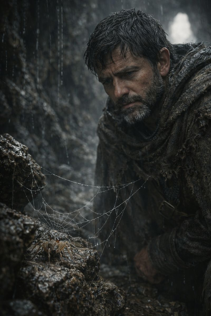 Cold rain drips tonight as Robert the Bruce watches a Spider weave on broken stone.