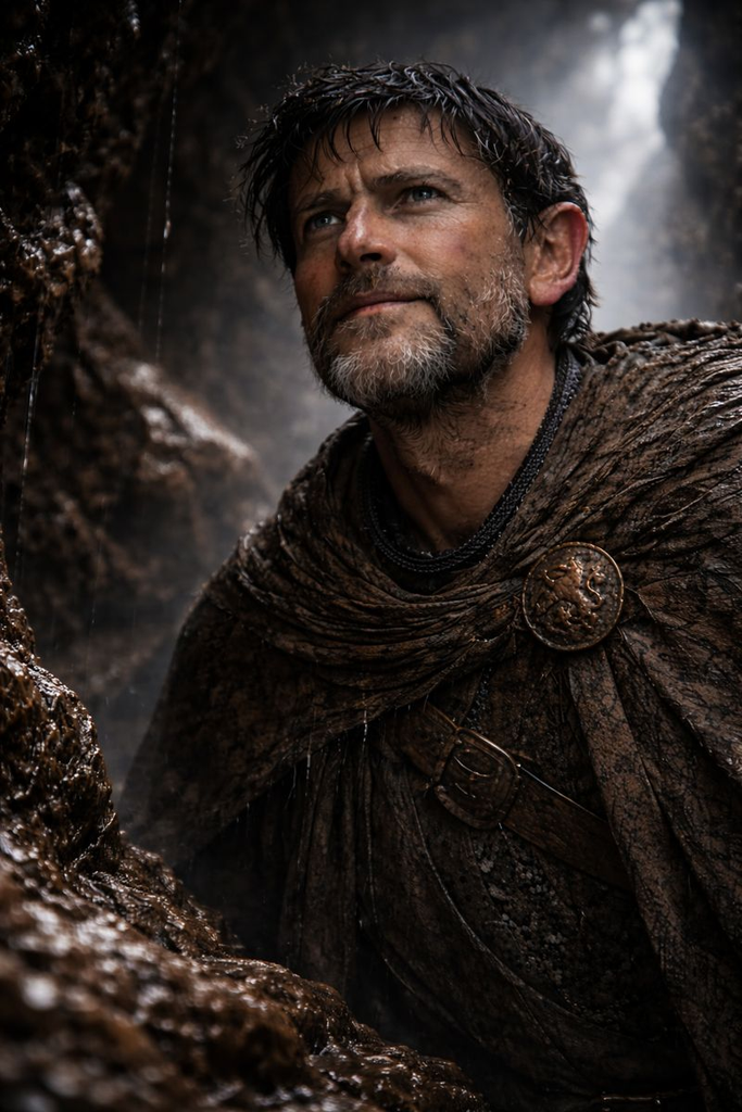 Robert the Bruce exhales, shoulders rising, a faint smile warming the cold Cave.