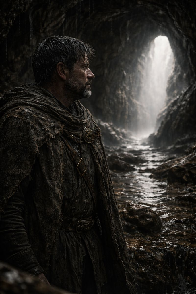 Water echoes softly, carrying his doubts toward the dim heart of the Cave.