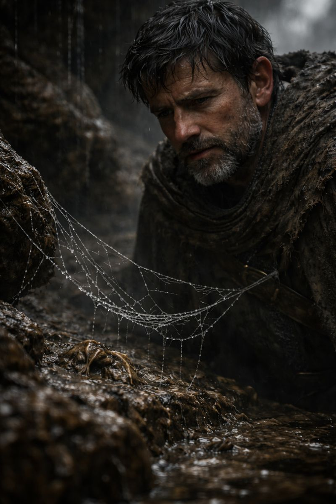 That same echo circles him as the Spider slips, the Web sagging into mud.