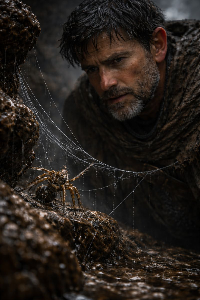 Instead, the Spider climbs back, legs trembling, and anchors a new thread bravely.