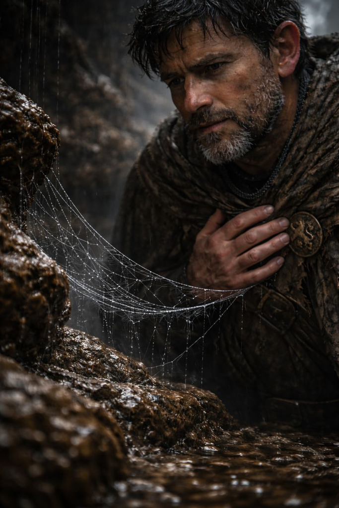 The Web shivers, and his breath slows with the hush of falling rain.