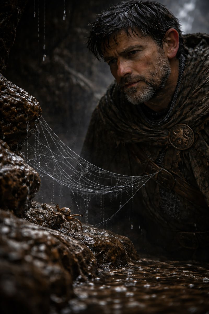 In the wet gloom, patience settles as drip after drip marks each trial.