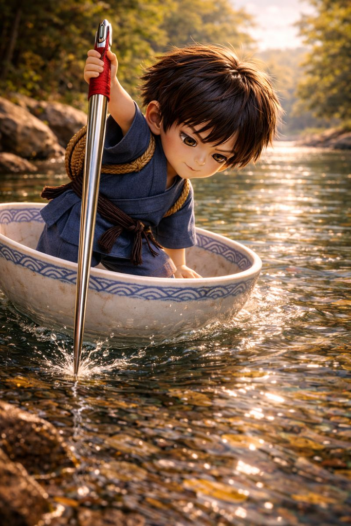 Issun-bōshi plants the Sewing Needle against the current and rights the bowl.