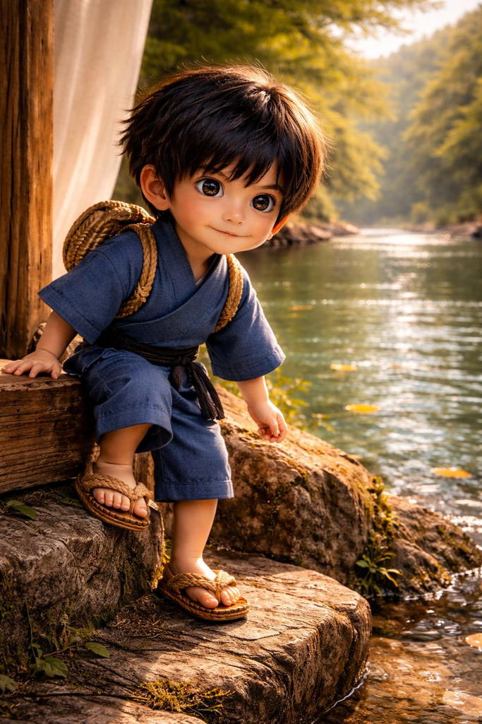 On that river hush, Issun-bōshi steps down with careful pride.
