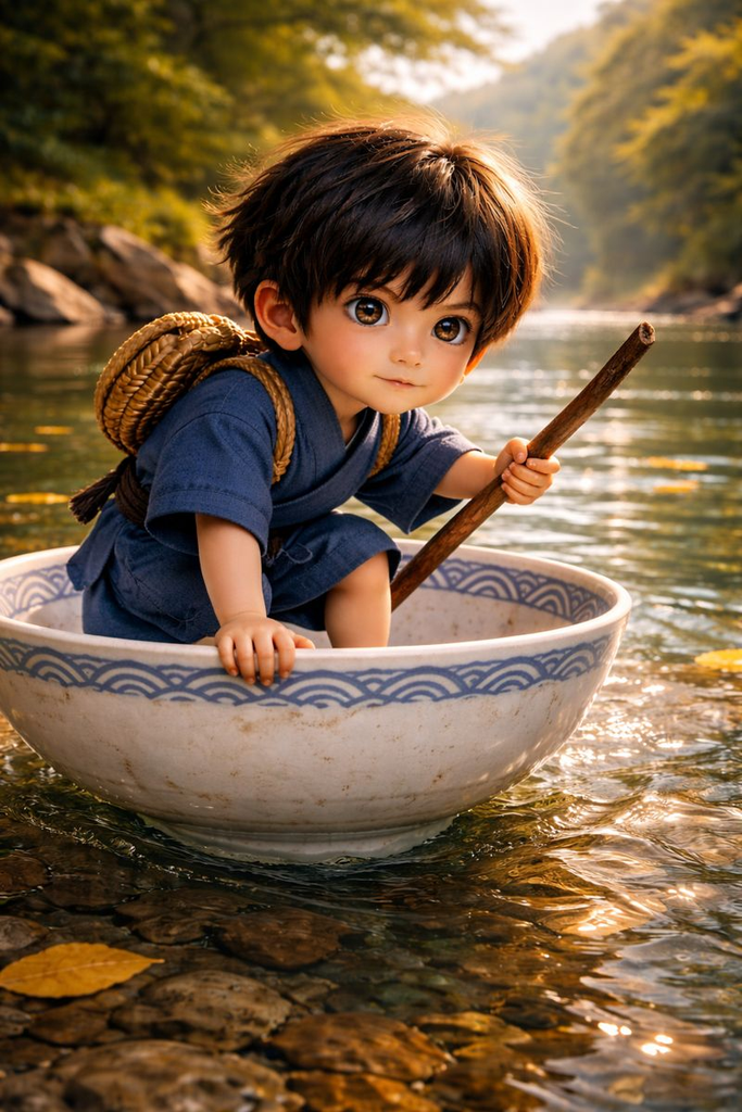 He climbs into the Rice Bowl and raises a twig like an oar.