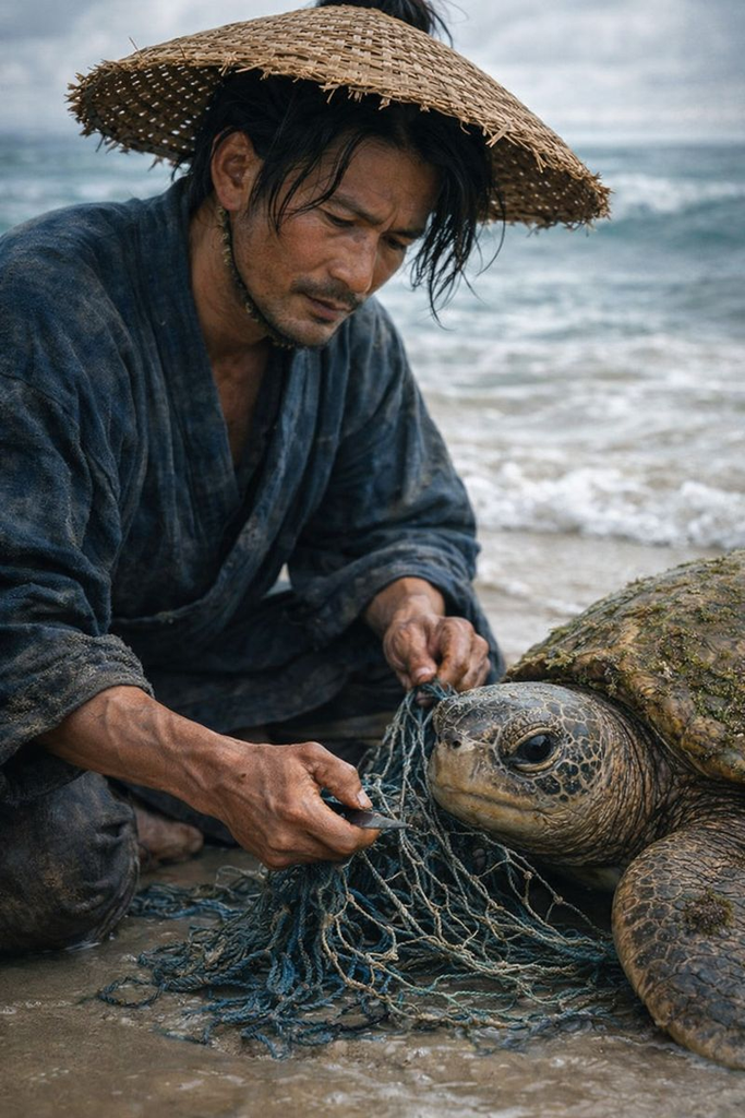 Waves whisper fate as Urashima Tarō frees a turtle from a tearing net.