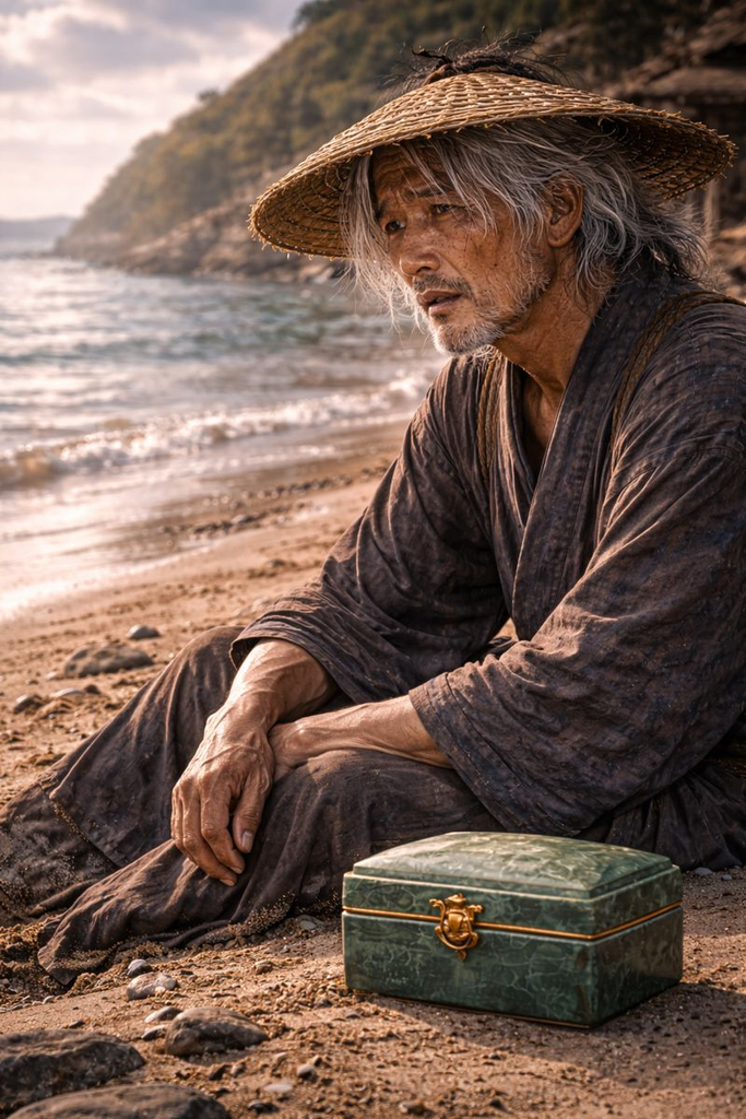 Wrinkles bloom as strength drains, and the tamatebako closes while the shore quiets.