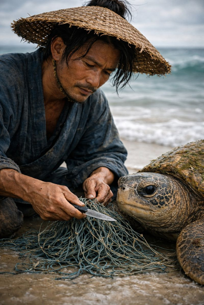 Urashima Tarō meets the Turtle's eyes and cuts the cords cleanly.