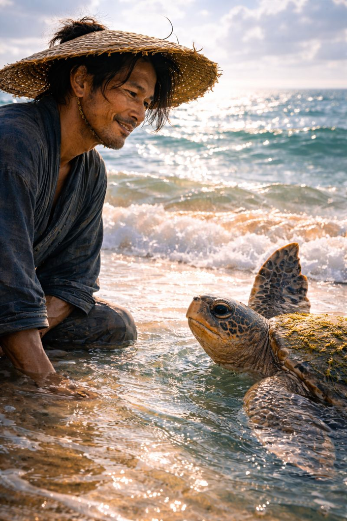 That promise rides the salt wind as the Turtle returns, beckoning Urashima Tarō.