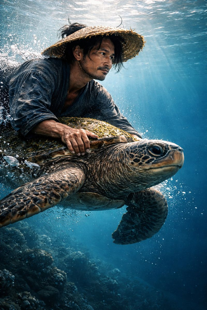 He climbs onto the Turtle's shell, and they plunge through glittering water.