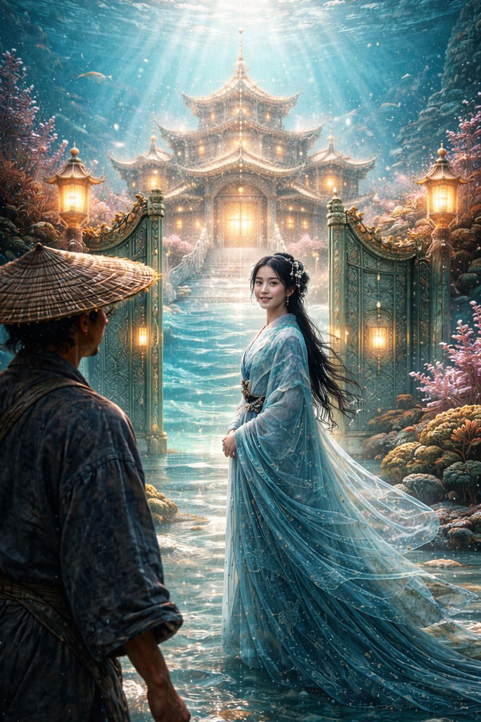 The Dragon Palace rises from coral gardens, gates opening before Princess Otohime.