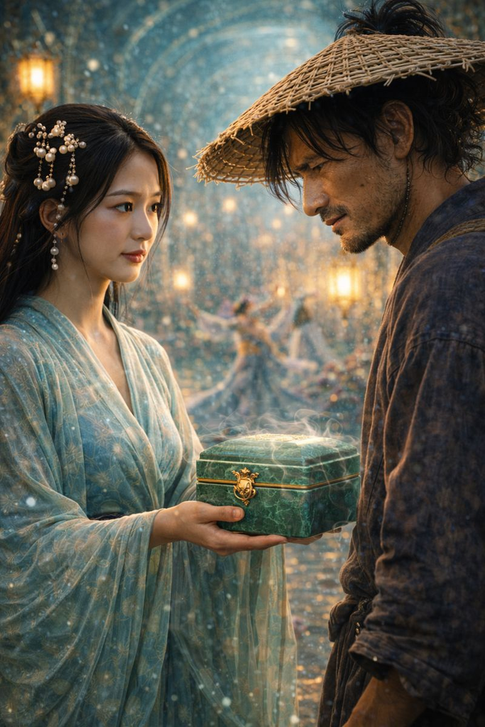 Longing for shore, Princess Otohime gives a tamatebako and warns never to open it.