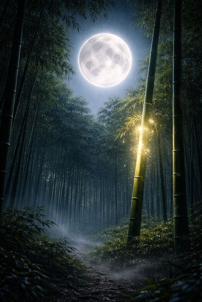 The Moon hangs low above a bamboo grove, and one stalk glows like a newborn star tonight.
