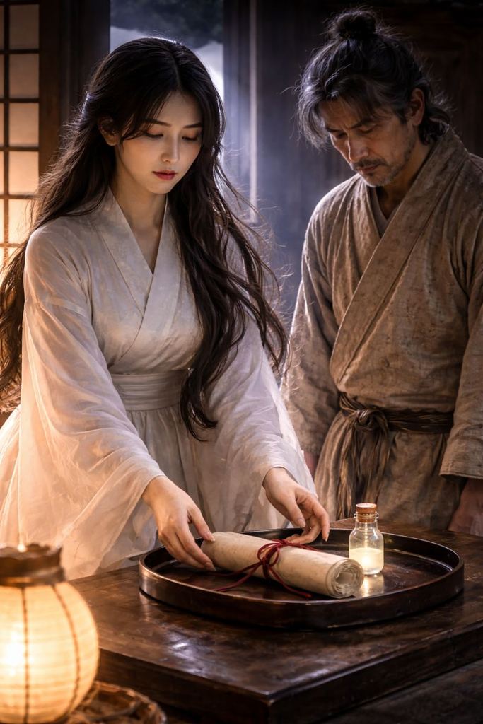 She leaves both for the Emperor, while Bamboo Cutter lowers his eyes in quiet grief.