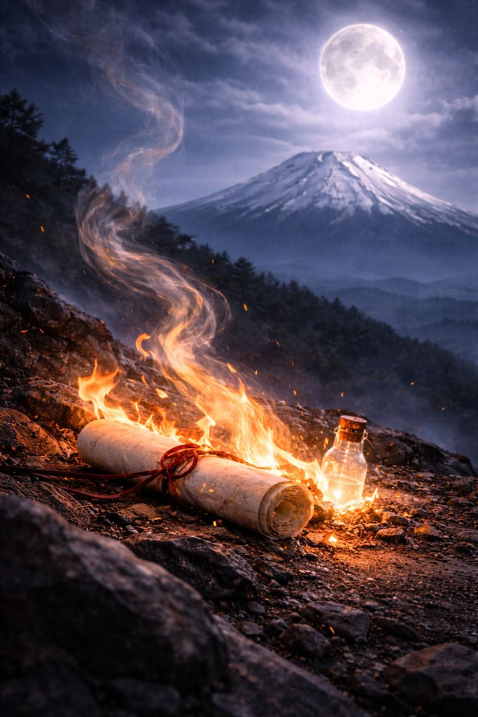 After she rises to the Moon, the Imperial Letter and Elixir burn upon Mount Fuji.