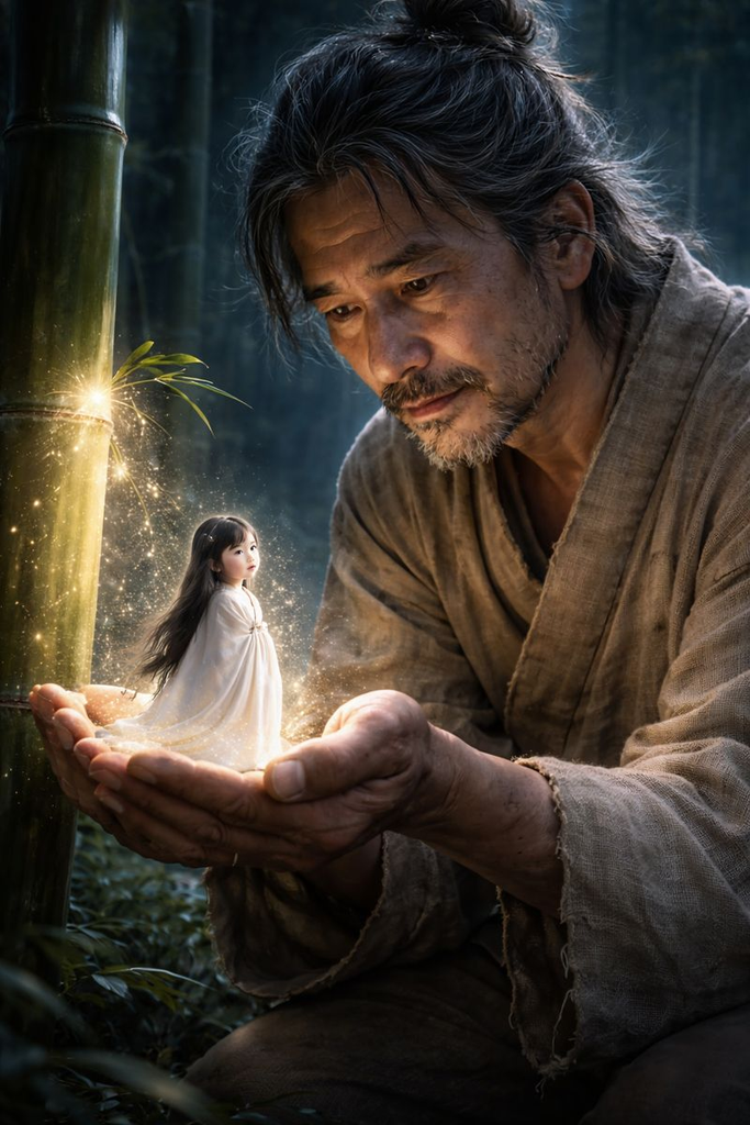Bamboo Cutter carefully parts the stalk and finds a tiny radiant girl named Kaguya.