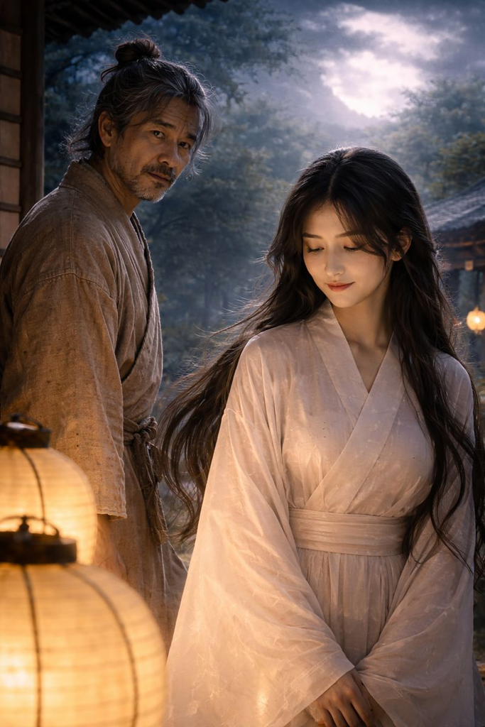 Between lanterns, Bamboo Cutter watches Kaguya smile sadly, while the Moon hides behind clouds.