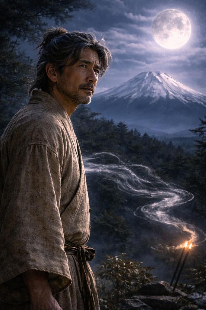 Night wind carries incense and worry toward Mount Fuji, and Bamboo Cutter hears the word return.