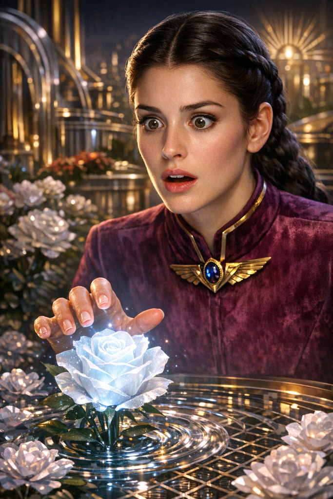 Mara touched a glowing rose, and the whole garden rippled like water over steel grating.