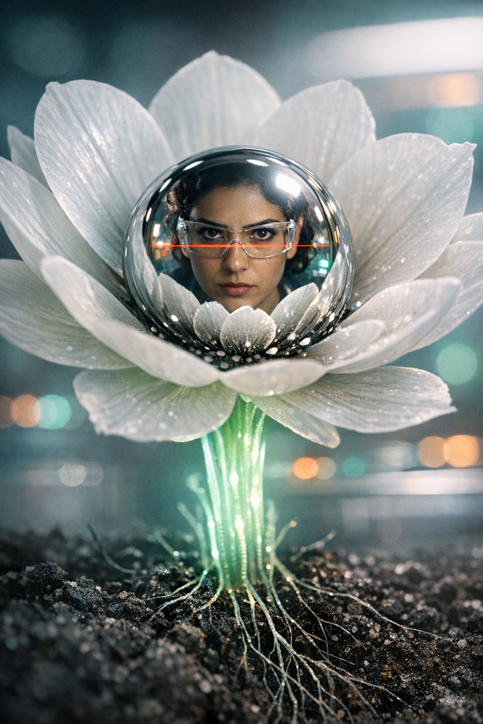 The Atomic Flowers showed silver centers like tiny mirrors, reflecting the red line across Mara's eyes.